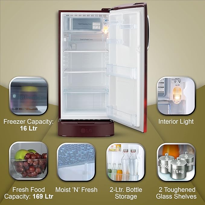 LG 185 L 5 Star Inverter Direct-Cool Single Door Refrigerator (GL-D201ASCU, Scarlet Charm, Base stand with drawer) - Image 2