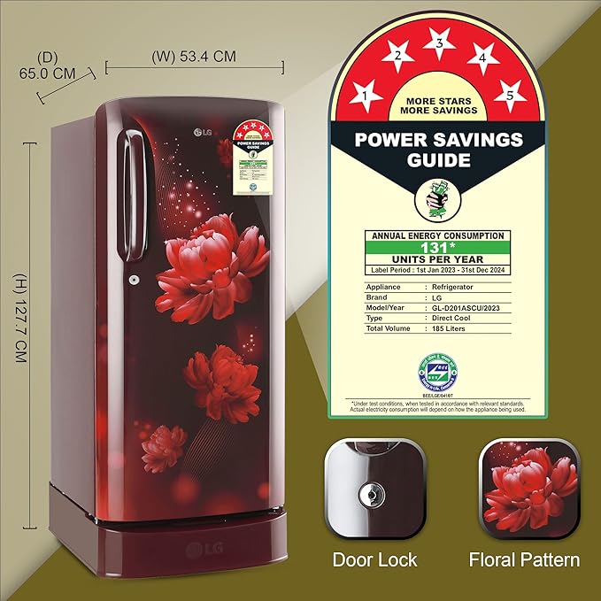 LG 185 L 5 Star Inverter Direct-Cool Single Door Refrigerator (GL-D201ASCU, Scarlet Charm, Base stand with drawer) - Image 3