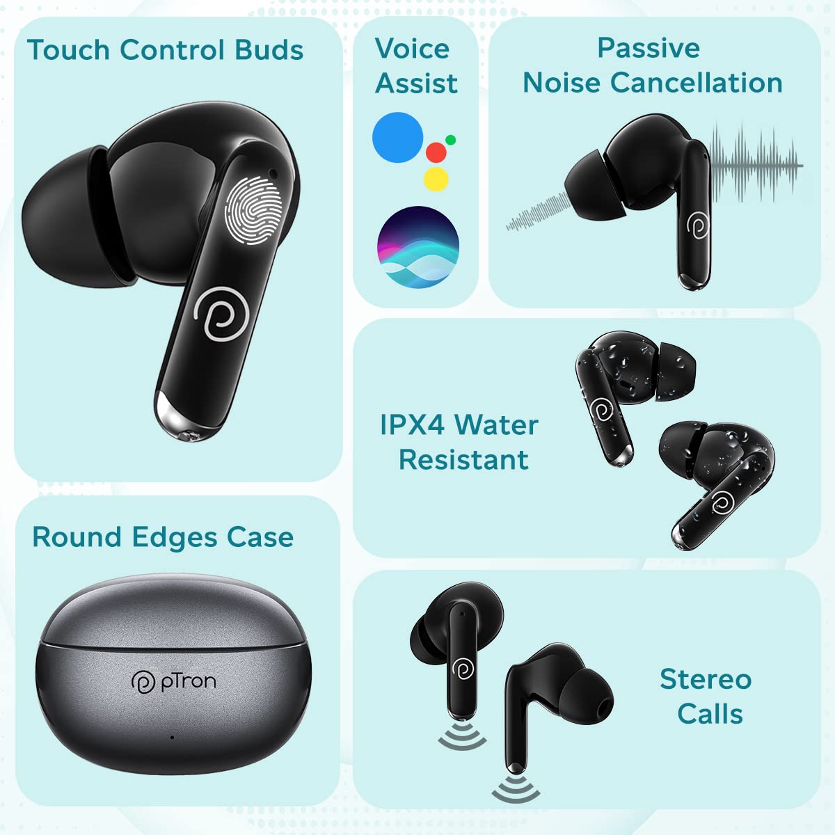 pTron Bassbuds Eon in-Ear TWS Earbuds with HD Mic, AI-ENC Calls, Deep Bass, Bluetooth v5.3 Wireless Headphone, 30H Playtime, Quick Pairing, Type-C Fast Charge, IPX4 Water Resistant (Steel Grey/Black) - Image 6