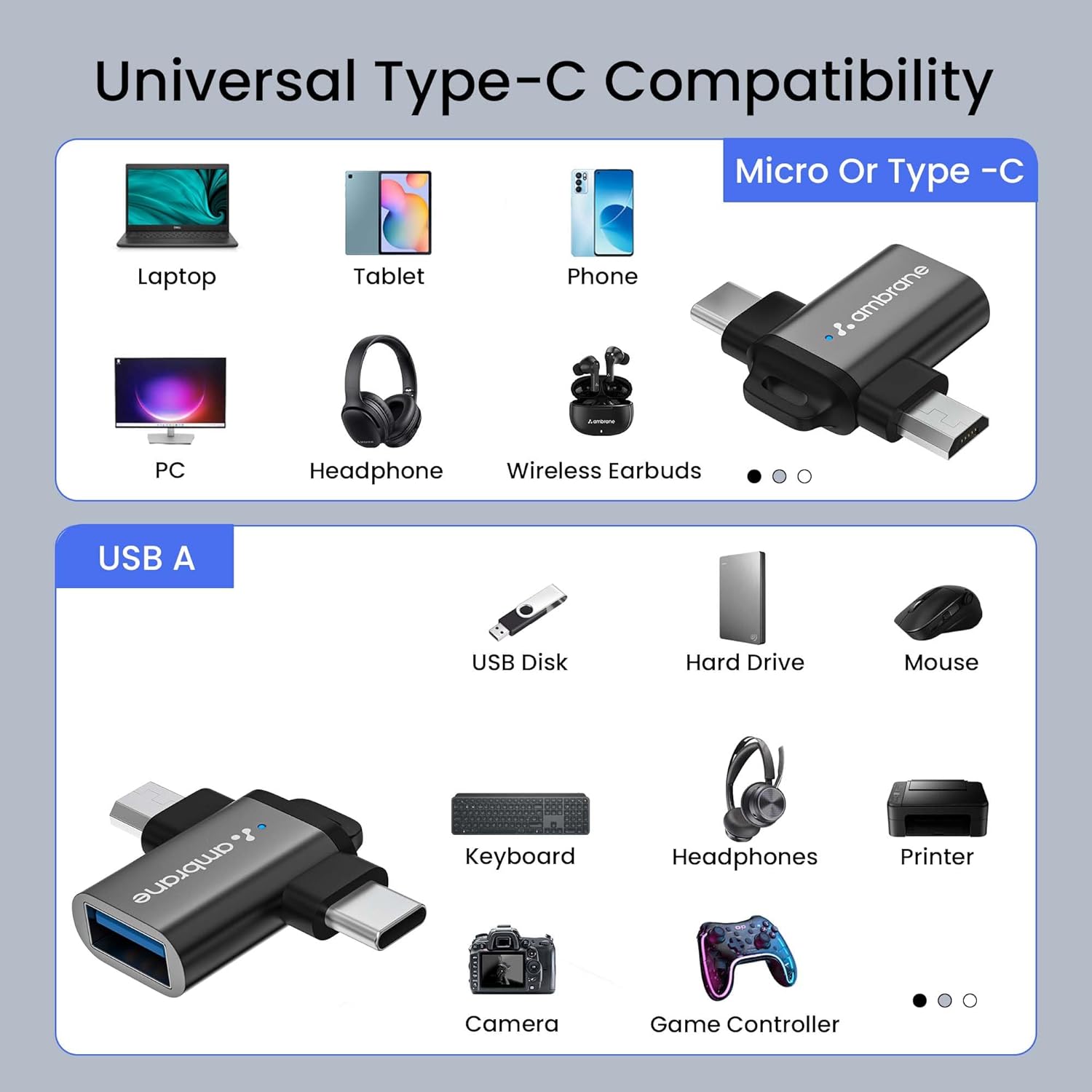 Ambrane 2 in 1 OTG Adapter Micro USB+USB Type C to USB Female Connector, OTG Pen Drive Adapter to Mobile Connector Type C, Compatible with All Devices - Image 2
